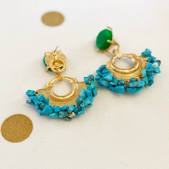 NWT Earrings Gold + Turquoise + Green Boho Hoops Stone - Picture 4 of 7